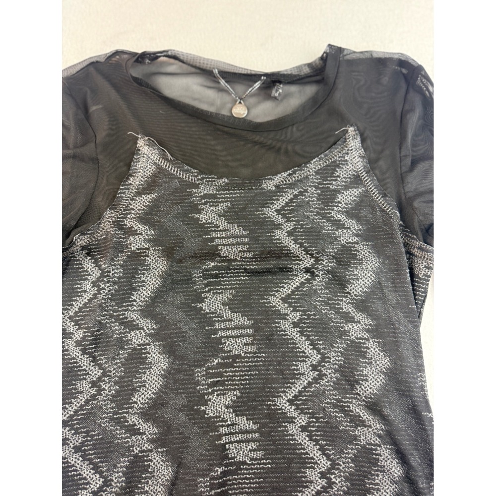 BKE Boutique Long Sleeve Mesh Top Black Silver Geometric Pattern Party - Picture 3 of 10